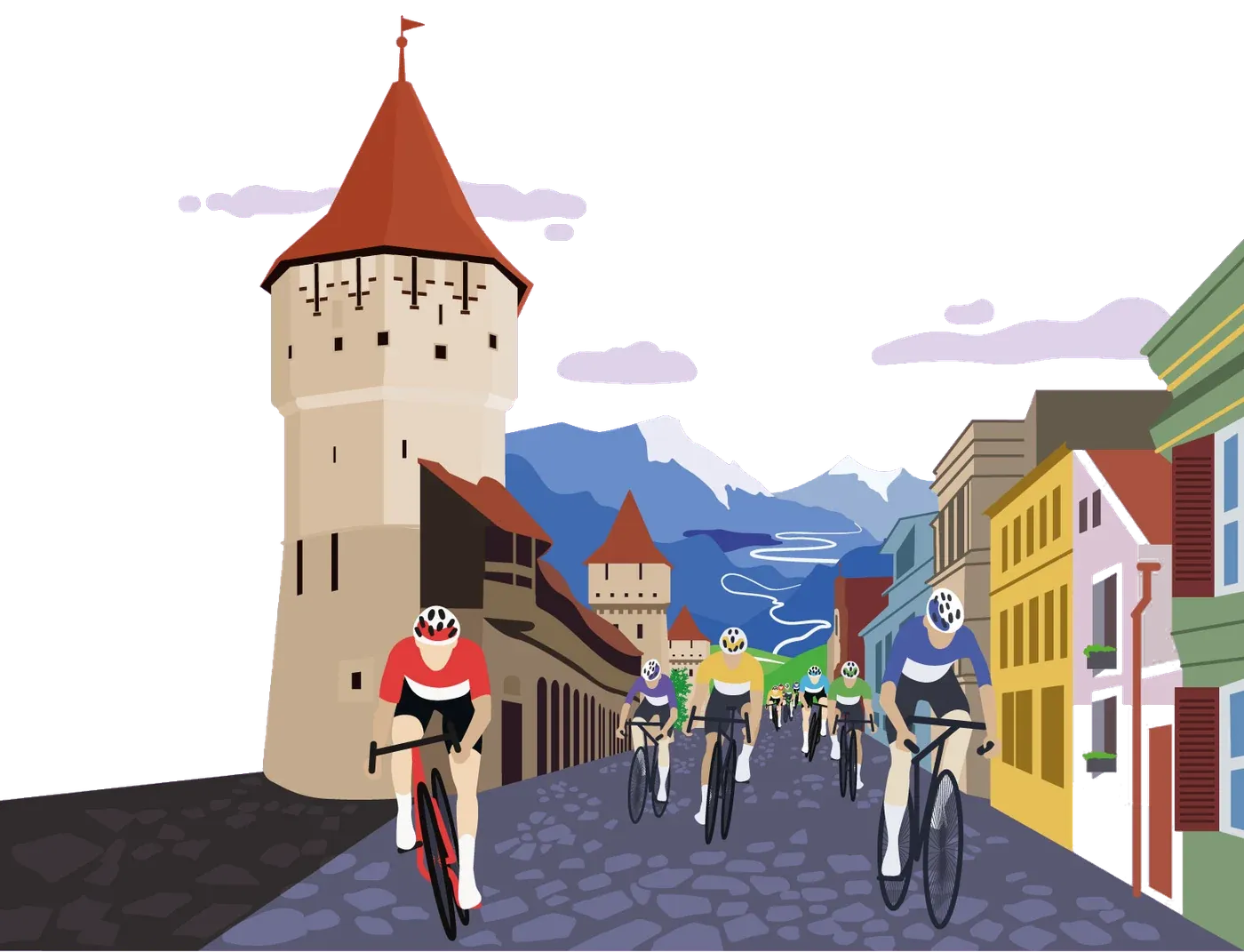 The peloton passing the Carpenters’ Tower in Sibiu